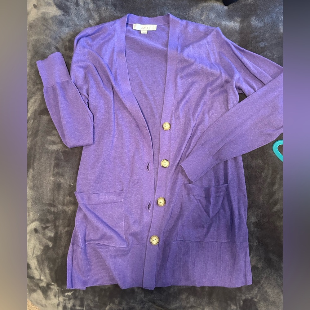 LOFT Purple Cardigan Sweater with Relaxed Fit